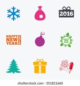 Christmas, new year icons. Gift box, fireworks and snowflake signs. Santa bag, salut and decoration ball symbols. Flat colored graphic icons.
