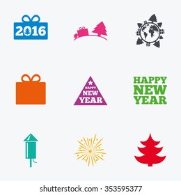 Christmas, new year icons. Gift box, fireworks signs. Santa bag, salut and rocket symbols. Flat colored graphic icons.