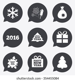 Christmas, new year icons. Gift box, fireworks and snowflake signs. Santa bag, salut and rocket symbols. Flat icons in speech bubble pointers.