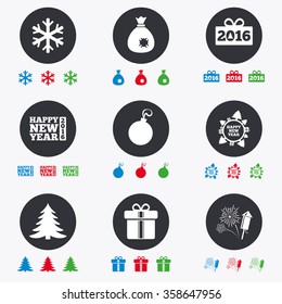 Christmas, new year icons. Gift box, fireworks and snowflake signs. Santa bag, salut and decoration ball symbols. Flat circle buttons with icons.