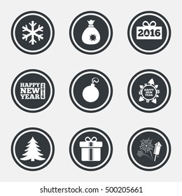 Christmas, new year icons. Gift box, fireworks and snowflake signs. Santa bag, salut and decoration ball symbols. Circle flat buttons with icons and border. Vector