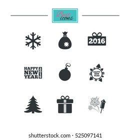 Christmas, new year icons. Gift box, fireworks and snowflake signs. Santa bag, salut and decoration ball symbols. Black flat icons. Classic design. Vector