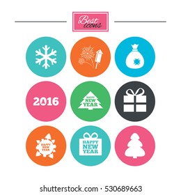 Christmas, new year icons. Gift box, fireworks and snowflake signs. Santa bag, salut and rocket symbols. Colorful flat buttons with icons. Vector