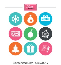 Christmas, new year icons. Gift box, fireworks and snowflake signs. Santa bag, salut and decoration ball symbols. Colorful flat buttons with icons. Vector