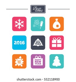Christmas, new year icons. Gift box, fireworks and snowflake signs. Santa bag, salut and rocket symbols. Colorful flat square buttons with icons. Vector
