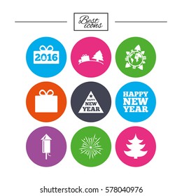 Christmas, new year icons. Gift box, fireworks signs. Santa bag, salut and rocket symbols. Classic simple flat icons. Vector