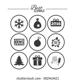 Christmas, new year icons. Gift box, fireworks and snowflake signs. Santa bag, salut and decoration ball symbols. Classic simple flat icons. Vector