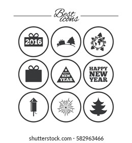 Christmas, new year icons. Gift box, fireworks signs. Santa bag, salut and rocket symbols. Classic simple flat icons. Vector