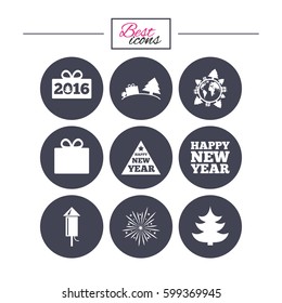 Christmas, new year icons. Gift box, fireworks signs. Santa bag, salut and rocket symbols. Classic simple flat icons. Vector