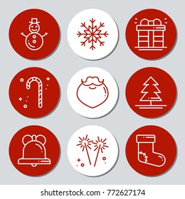 Christmas New Year icons gift round stickers. Labels xmas set. Hand drawn decorative element. Collection of holiday christmas stickers in black white. Vector illustration. Basic xmas winter elements
