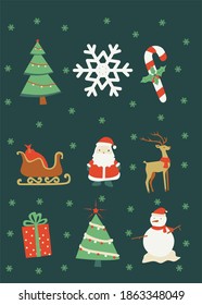 Christmas and New Year icons with green background.