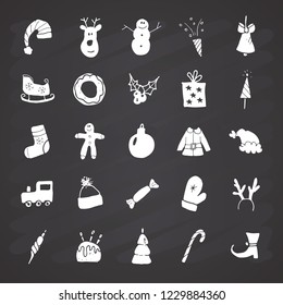 Christmas and New Year Icons hand drawn doodles, vector illustration. on chalkboard background.