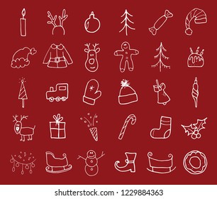 Christmas and New Year Icons hand drawn doodles, vector illustration.
