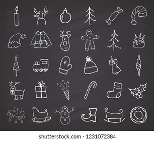 Christmas and New Year Icons hand drawn doodles, vector illustration. on chalkboard background.