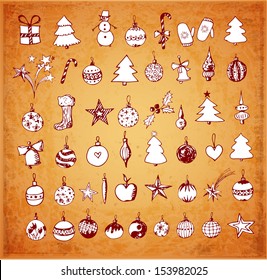 Christmas and New Year icons .Hand-drawn with ink in vintage style. Vector illustration.