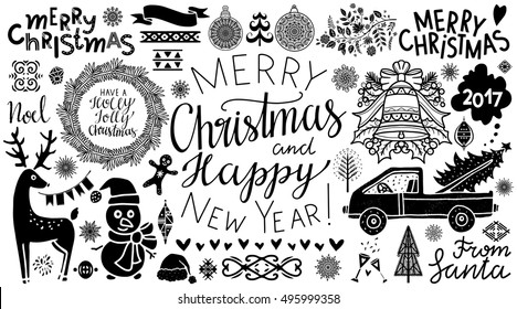 Christmas, New Year icons. Handwritten text. Tree, ball, snowflake, bell, wreath, reindeer, ribbon, flag, snowman, car, wine glass