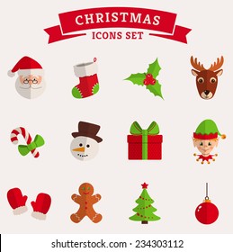 Christmas and New Year icons isolated on a white background. Set of colored flat symbols. Vector collection.