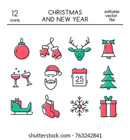 Christmas and New Year icons made in modern line style. Colored vector christmas symbols.