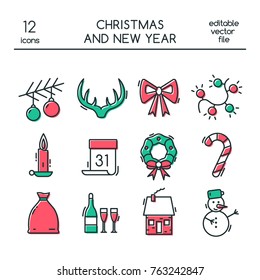 Christmas and New Year icons made in modern line style. Colored vector christmas symbols.