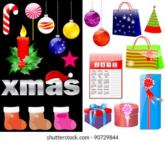 Christmas and new year icons on white and black. 10 EPS. Vector illustration.