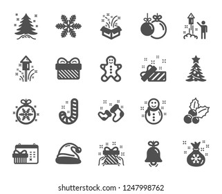 Christmas, New year icons. Santa hat, Gingerbread man and Gift box icons. Fireworks, Snowflake and christmas holly. Snowman, santa socks and Pine tree. New year ball, holiday calendar. Vector
