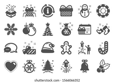 Christmas, New year icons. Santa hat, Gingerbread man and Gift box icons. Fireworks, Snowflake and christmas holly. Snowman, santa socks and Pine tree. New year ball, holiday calendar. Vector