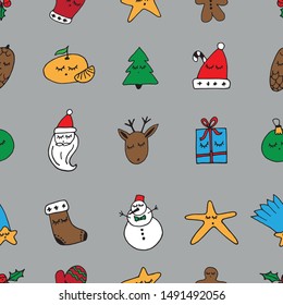 Christmas and New year icons set on grey background. Vector seamless file. With Santa, Christmas tree, deer, orange, gloves, snowman. Suitable for postcards, design, textiles and gift paper.