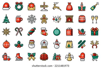 Christmas and New Year icons set in pixel art design.