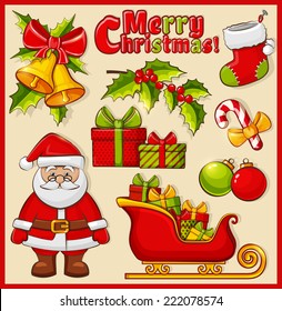 Christmas and New Year icons. Set of colorful decorations for celebratory design. Vector illustration.