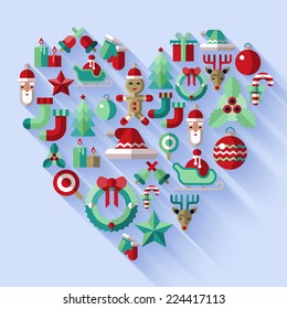 Christmas new year icons set in heart shape holiday concept vector illustration
