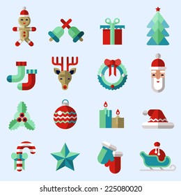 Christmas new year icons set with ginger man bells gift box pine tree isolated vector illustration