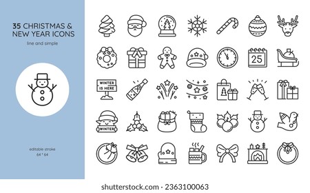 Christmas and New Year Icons Set. Vector Outline Editable Isolated Sign Winter Collection. Santa Claus, Reindeer, Christmas Tree, Snowflakes, Gifts, Santa hat, Fireworks, Elf, Hot chocolate, Sleigh