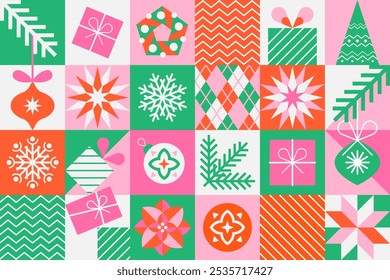 Christmas and New Year icons set. Collection of abstract design elements. Trendy design in flat minimalist style. Vector illustration for web design, cover, banner, greeting card,.