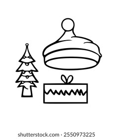 Christmas and New Year icons set. gift box, santa hat, christmas tree in sketch style. Hand drawn vector illustration isolated