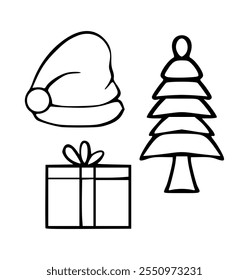 Christmas and New Year icons set. gift box, santa hat, christmas tree in sketch style. Hand drawn vector illustration isolated