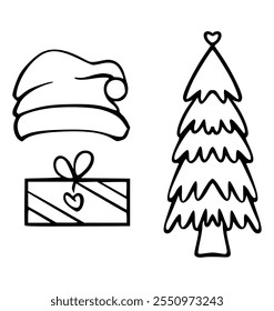 Ícones de Natal e Ano Novo definidos. caixa de presente, chapéu de Papai Noel, árvore de Natal em estilo de esboço. Ilustração de vetor desenhada à mão isolada