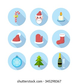 Christmas and New year icons set blue