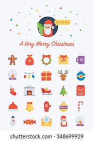 Christmas and New Year Icons set with Santa at the top, isolated on white, 25 pieces 