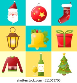 Christmas and new year icons set. Collection of winter holiday decoration objects. Vector xmas symbol.