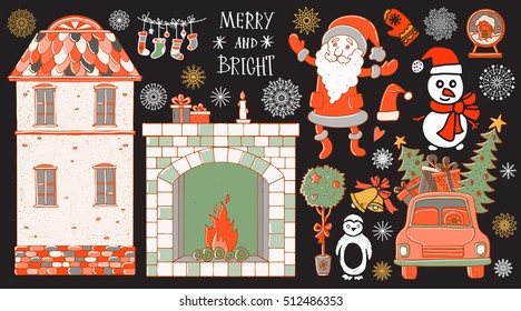 Christmas, New Year icons set. Merry and Bright handwritten font. Fireplace, house, tree, car, snowflakes, gifts, Santa Claus, snow globe, Christmas stockings, mittens, hat, bells, snowman, penguin