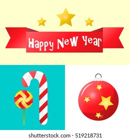Christmas and new year icons set. Collection of winter holiday decoration objects. Vector xmas symbol.