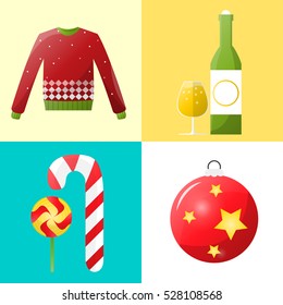 Christmas and new year icons set. Collection of winter holiday decoration objects. Vector xmas symbol.