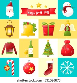 Christmas and new year icons set. Collection of winter holiday decoration objects. Vector xmas symbol.