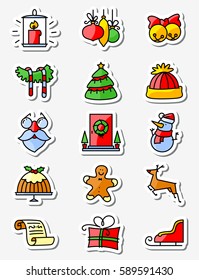 Christmas and New Year icons set. Thin simply line stickers. Minimalistic design in  bright colors. Winter holidays decorations and characters