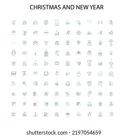 christmas and new year icons, signs, outline symbols, concept linear illustration line collection