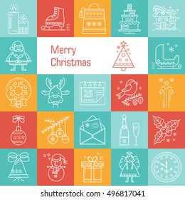 Christmas. New Year. Icons in the trendy linear style for your design. Santa Claus. gift, deer, fir. Christmas set.