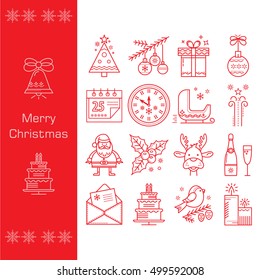 Christmas. New Year. Icons in the trendy linear style for your design. Santa Claus. gift, deer, fir. Christmas set.