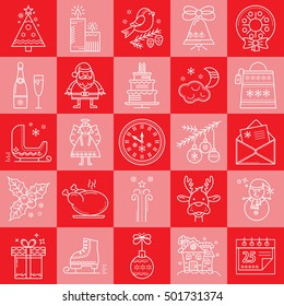 Christmas. New Year. Icons in the trendy linear style for your design. Santa Claus. gift, deer, fir. Christmas set.