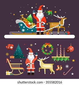 Christmas and New Year icons vector set in flat style. Santa Claus, deer and christmas tree design elements.