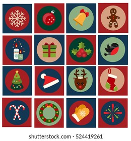 Christmas and new year icons. Vector set of vintage winter holidays symbols. Gingerbread, bell, candy canes, sock and other traditional design elements, stickers